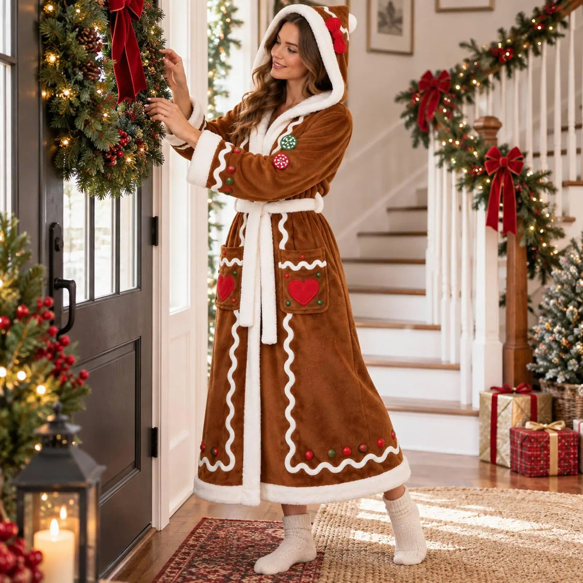 Gingerbread Christmas Hooded Robe Blanket